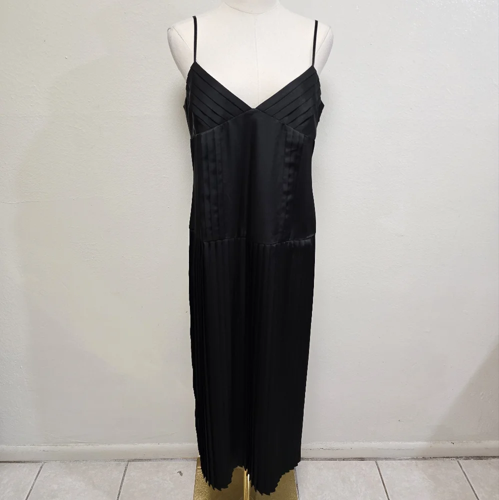 Rebecca Taylor Satin Pleated Slip Dress Black Size 8